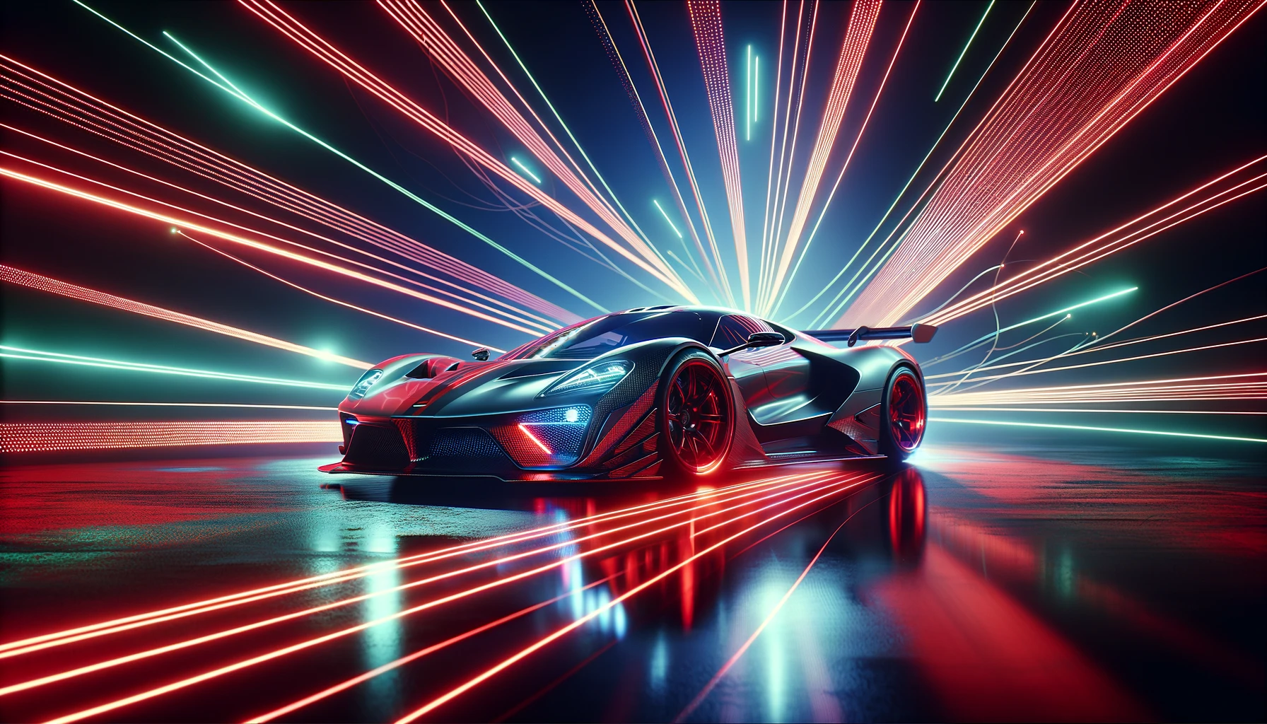 A futuristic concept featuring a sports car set against a backdrop of glowing neon lines, with a focus on red neon lasers creating a dynamic and vibrant scene.